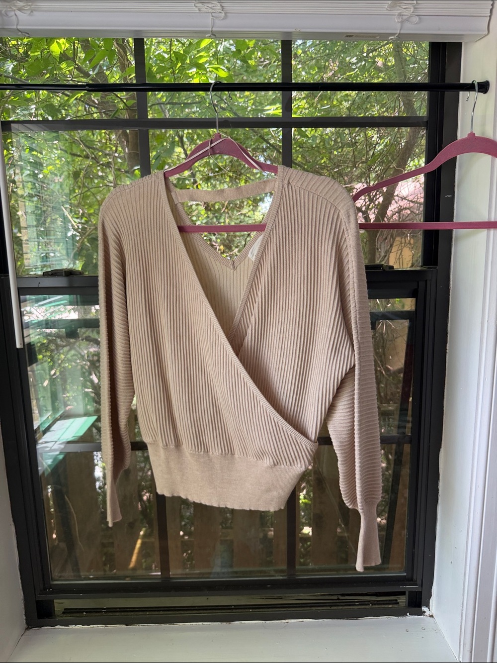 Ribbed V-Neck Wrap Sweater in Taupe